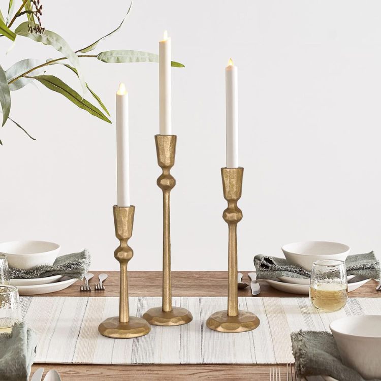 Antique Brass Iron Taper Candle Holder, Set of 3