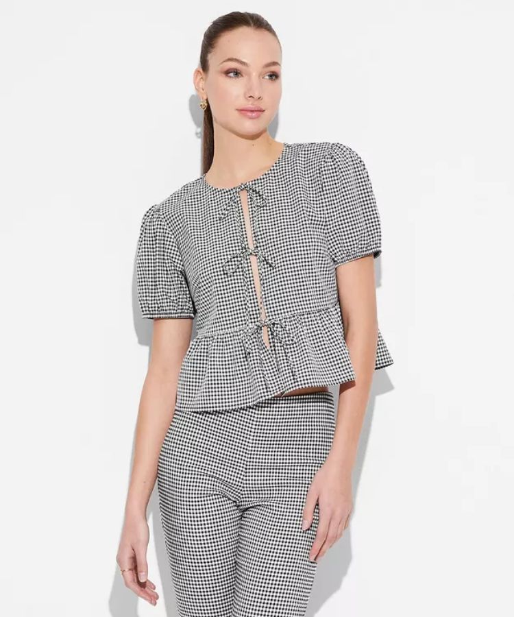 Tie-Front Peplum Puff Sleeve Blouse