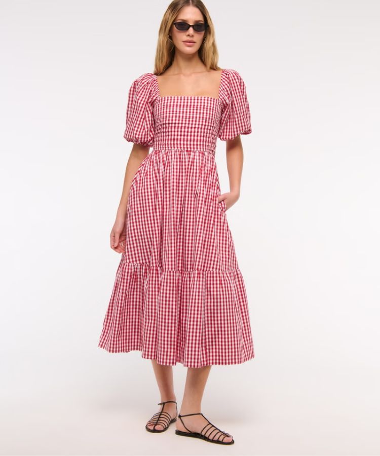 Poplin Puff-Sleeve Midi Dress